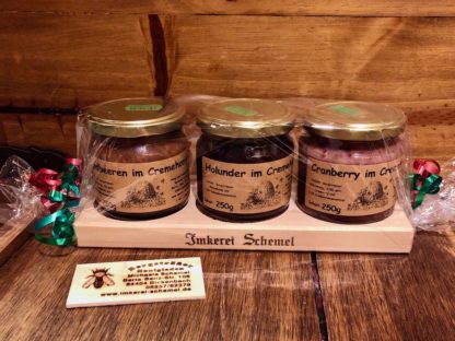 Geschenk Honig-Brett 3x250g Fruchthonig