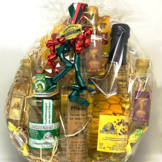 Geschenkkorb mit Honig, Honig-Secco, Honig-Likör und Bonbons
