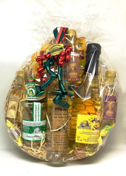 Geschenkkorb mit Honig, Honig-Secco, Honig-Likör und Bonbons